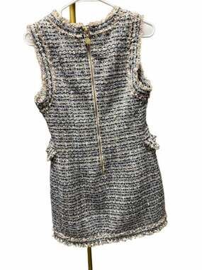 201 Five Plus Double-Breasted Sleeveless Tweed Mini Dress with Fringe Detail